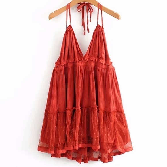 Double Delight Bohemian Backless Cami Lace Ruffle Empire Waist Mini Dress - Picture 2 of 7